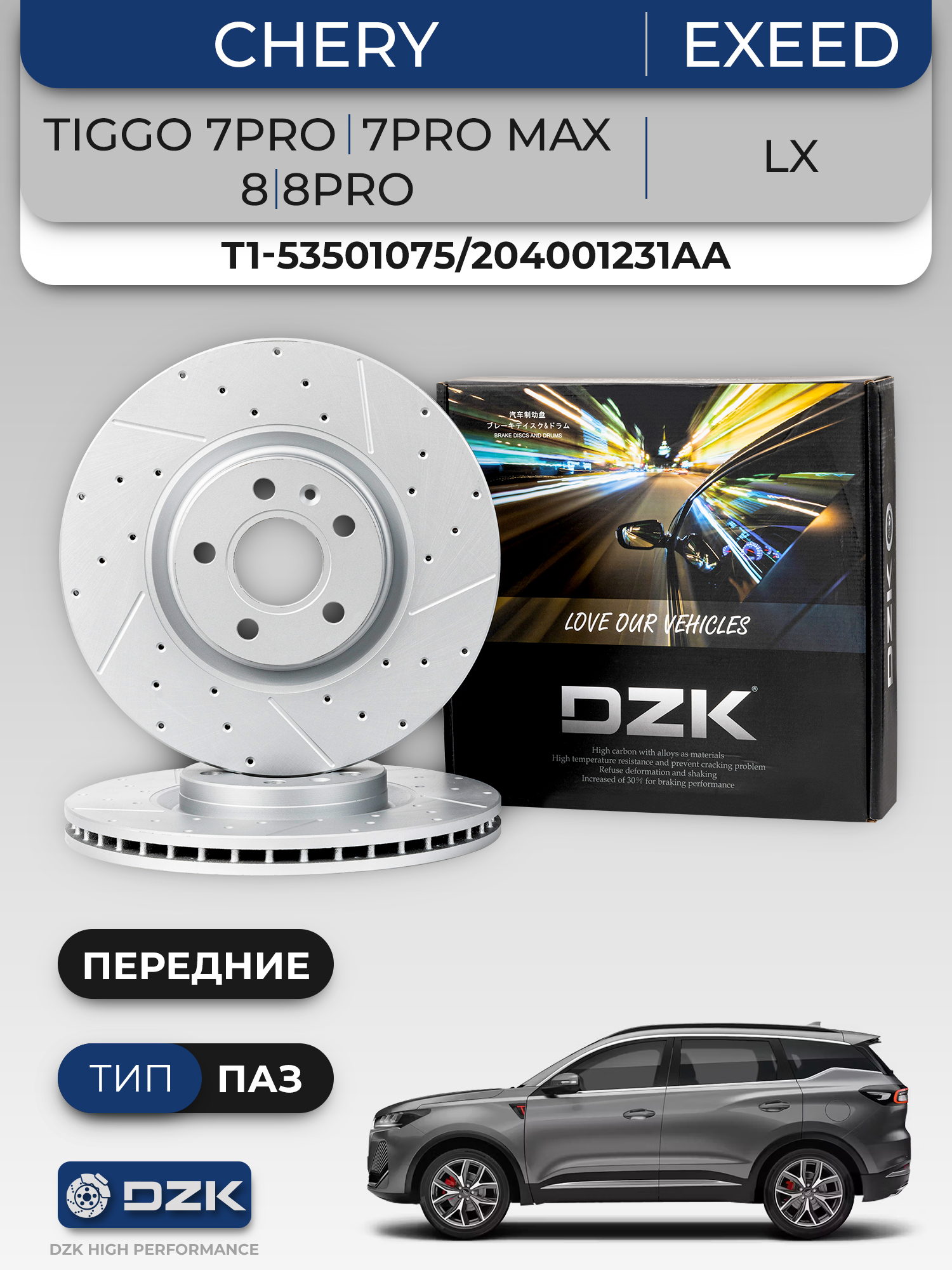 CHERY TIGGO 7PRO/7PRO MAX, 8/8PRO, EXEED LX (тип ПАЗ). Передние вентилируемые/перфорированные тормозные диски DZK. 204000453AA/204005566AA - Фото 1